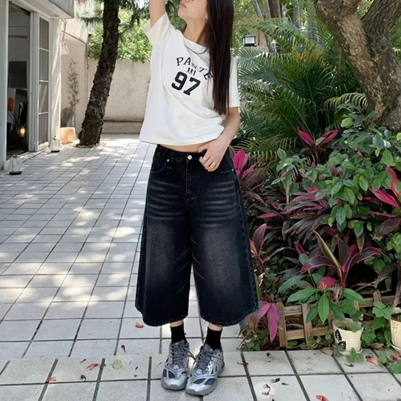 여성 및 남성용 빈티지 Y2k 헐렁한 데님 반바지, 와이드 레그 팬츠, 하이 웨이스트 워시, 무릎 길이 청바지, 오버사이즈 바지