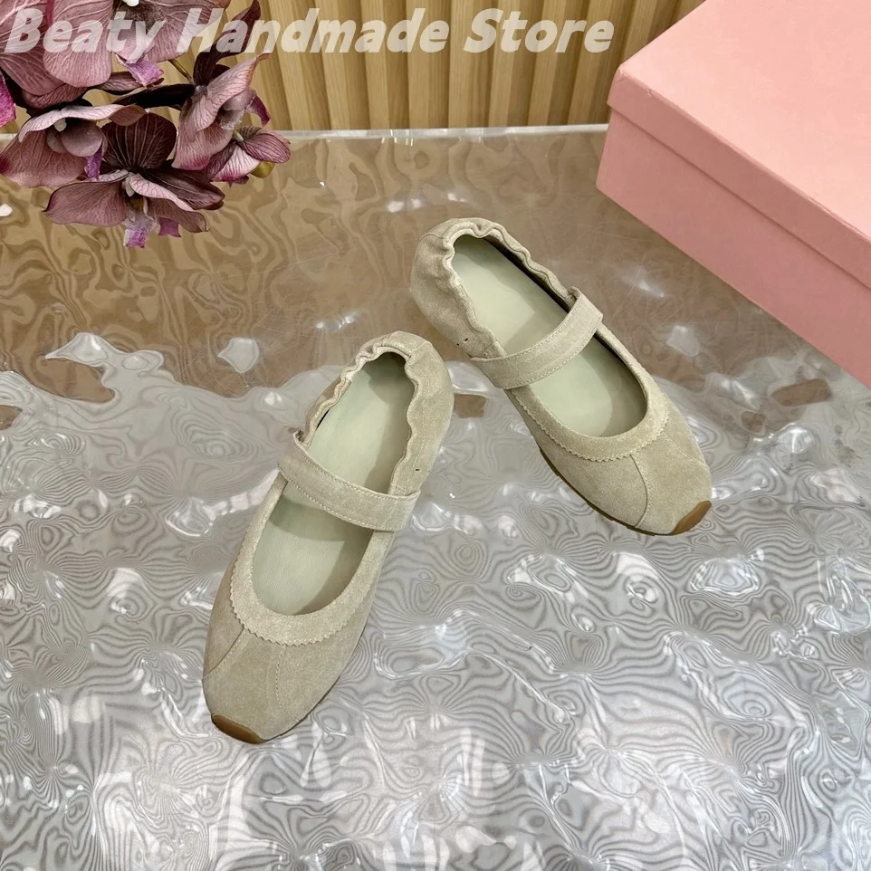 Retro Kid Suede Sewing Round-Toes Solid Basic Woman Ballet Flats Hollow Shallow Hook Anti-Slip Mary Janes Zapatos Mujer 35-41 6