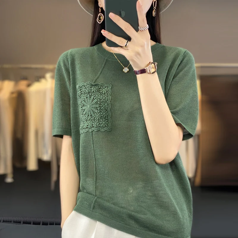 

Bamboo Hemp Ice Silk Short Sleeve Women Spring Summer New Round Neck Loose Knitted Shirt High Grade Thin Western Style Slim Top