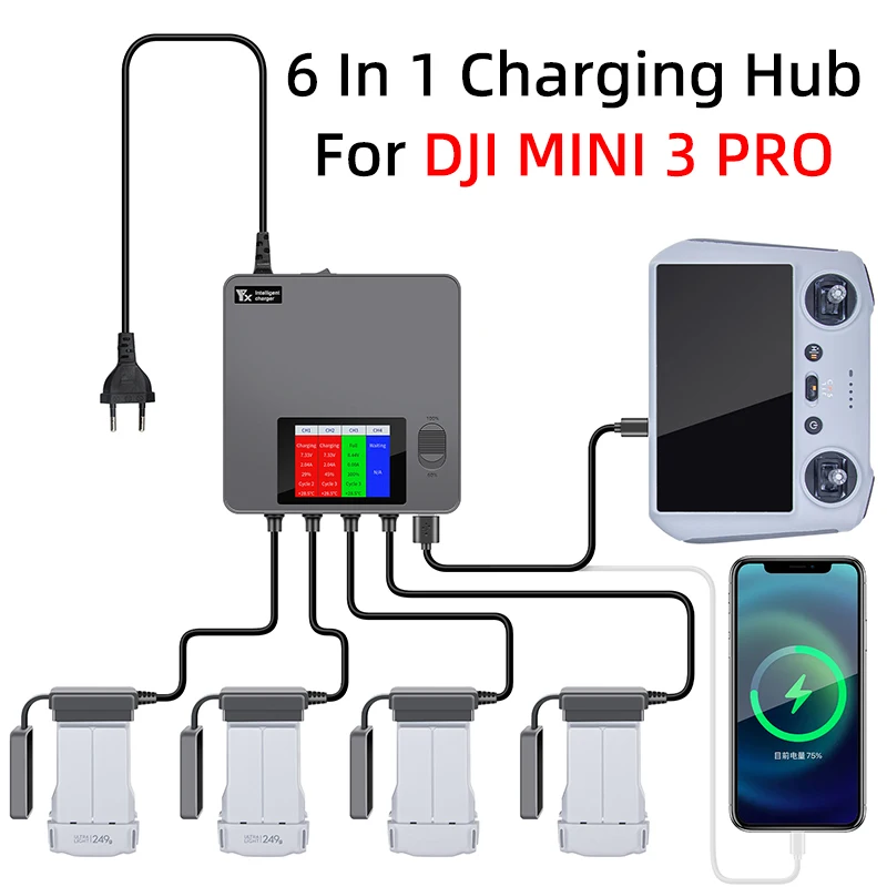 Per Dji Mini 3 Pro Drone Battery Display Digitale Caricabatterie 6 In 1 Smart Charging Hub Storage Accessori Di Ricarica Con Porta Usb