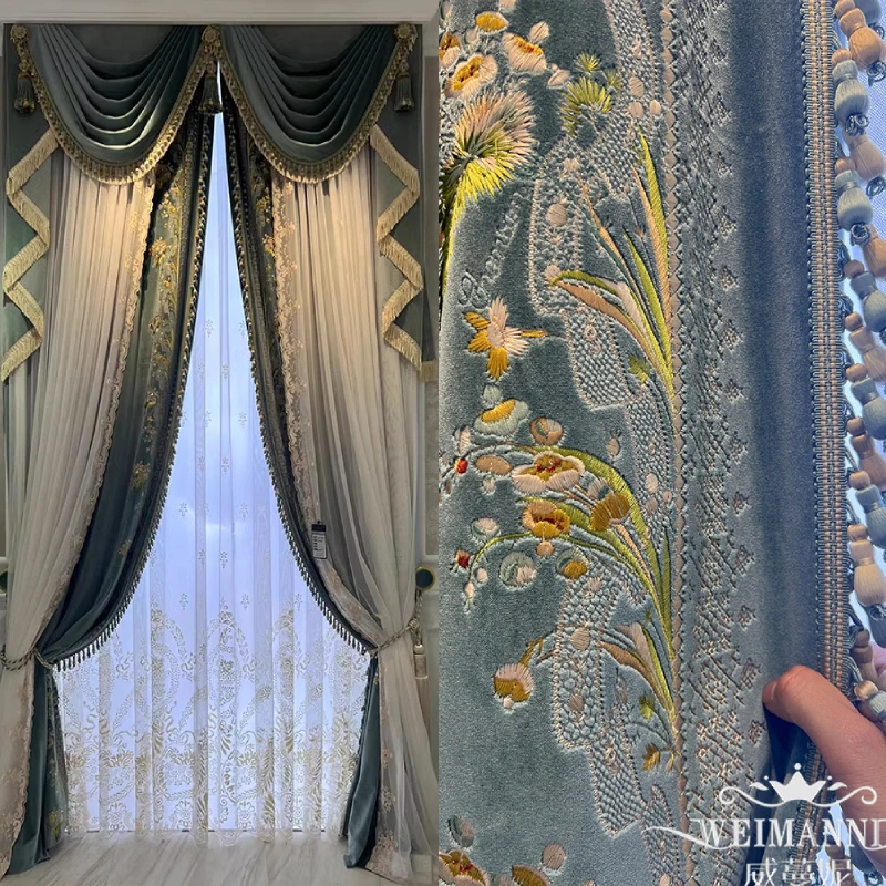 

Customized Palace Embroidered Screen Blue-green Flannelette Patched Curtains for Living Room Bedroom French Window Villa