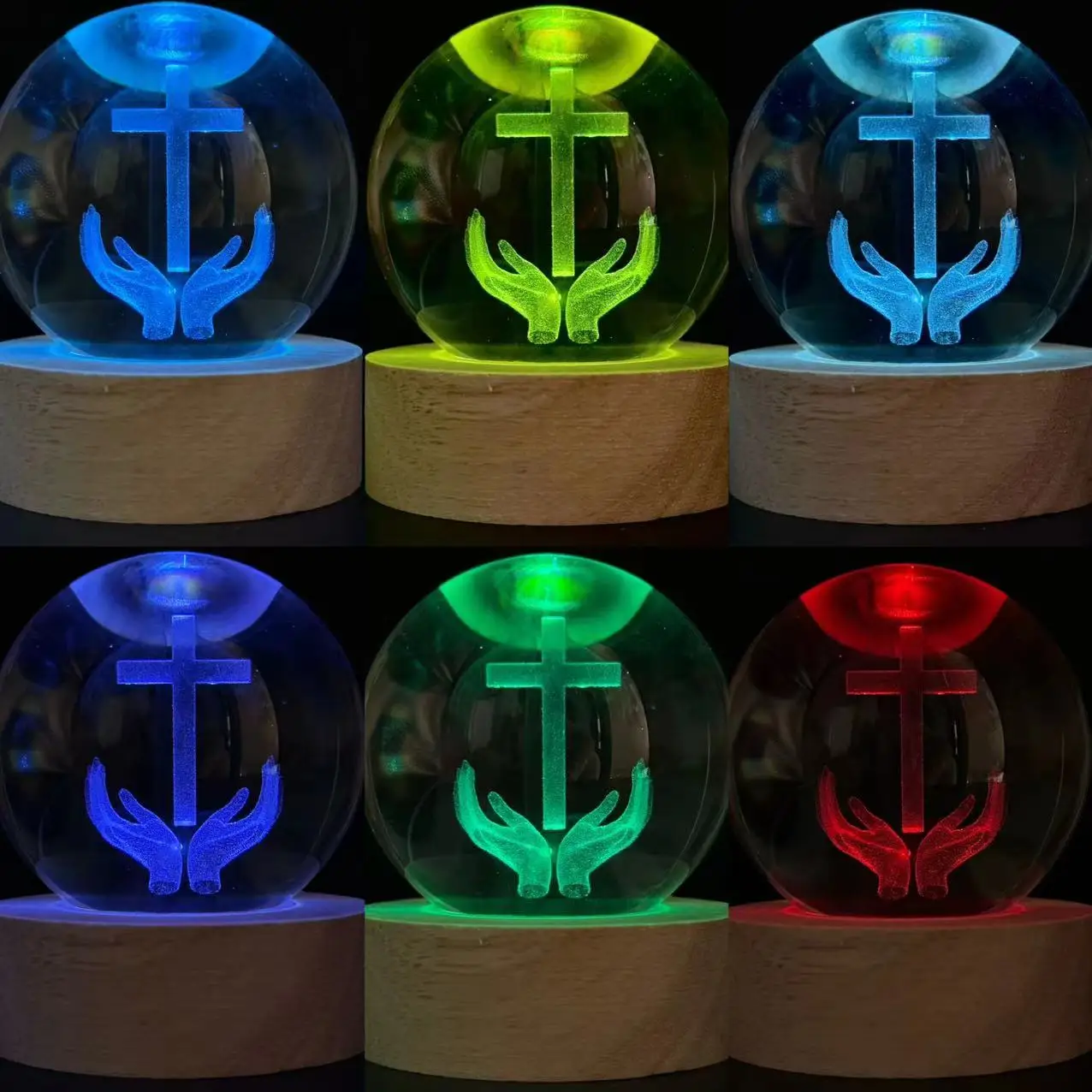 1pc, 크로스 라운드 볼 야간 조명을 들고 3D 레이저 조각 손, 컬러 라이트 우드 램프 홀더, 홈 장식 데코