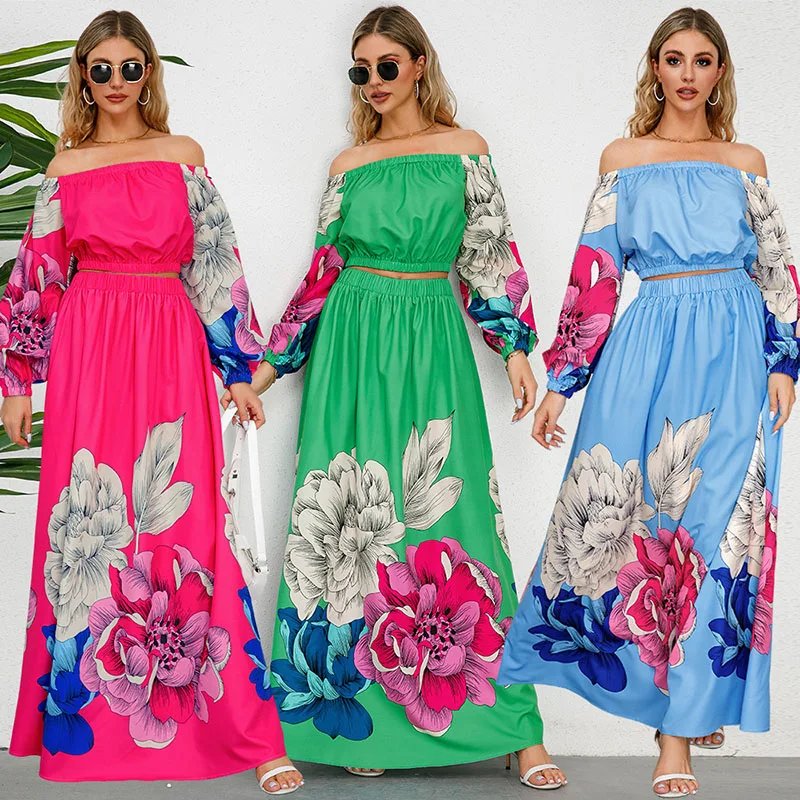 Women Dress Sets Spring Summer New Causal Retro Long Sleeved Backless Top & A-line Large Hem Printed Half Skirt Two-piece Set