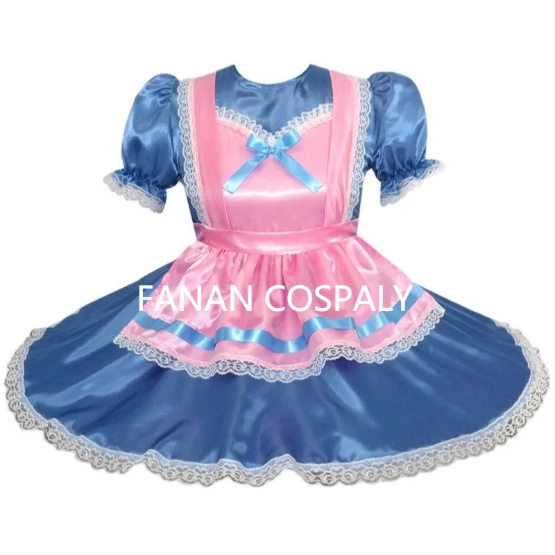 

Hot Selling Adult Giant Baby Sexy Girl Blue Thin Satin Sissy Dress Pink Apron Maid Role-playing Dance Dress Gothic Customization