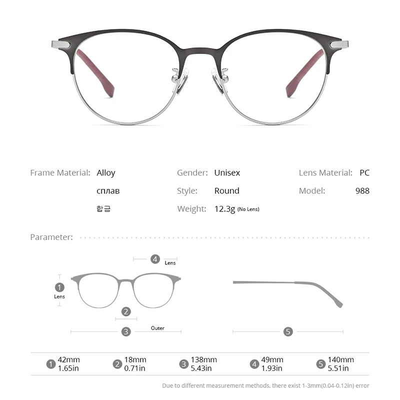 Eyeglasses Frames Eyeglass Frames Alloy Glasses Frame Men Women Vintage Round Eyeglasses Retro Frame Screwless Eyewear 988
