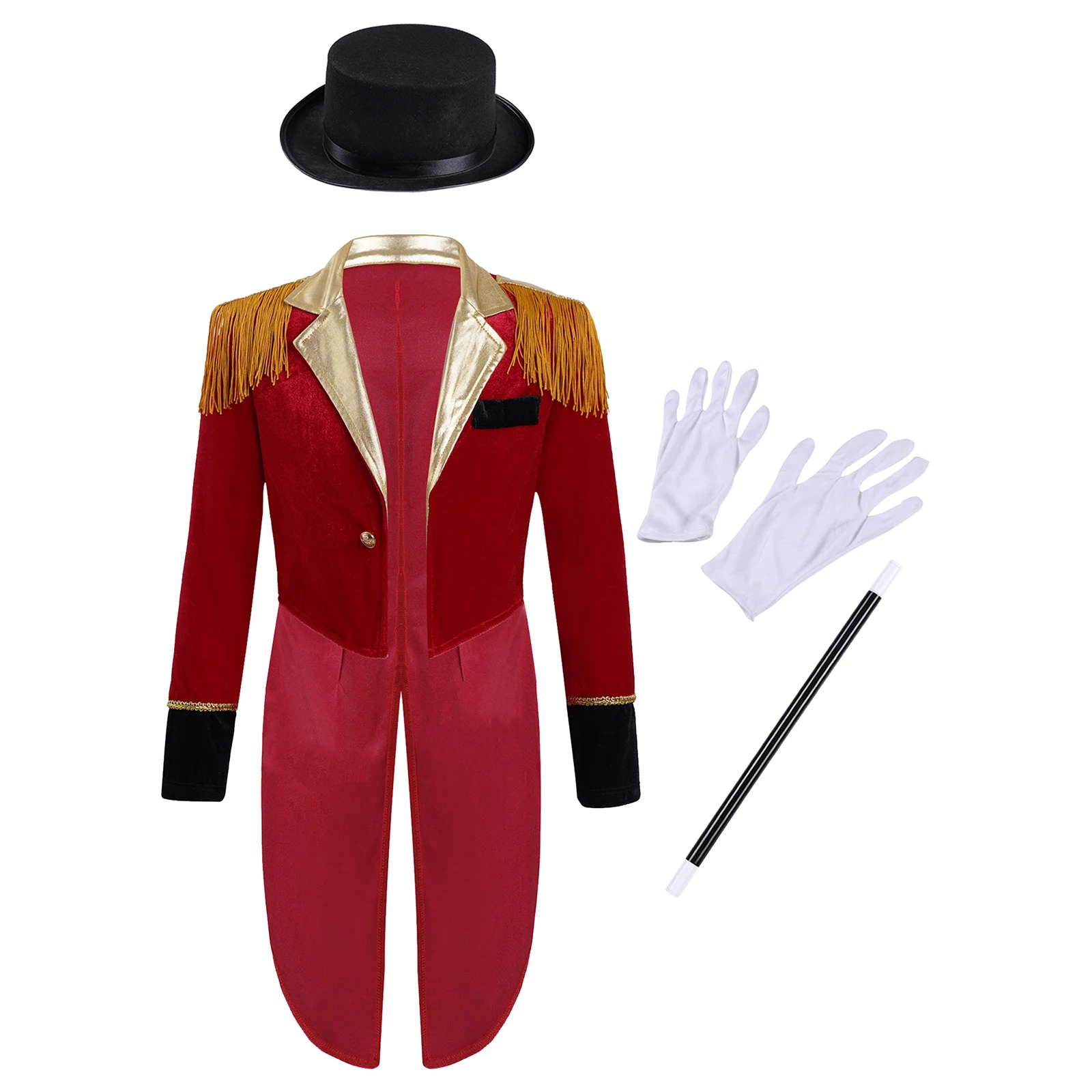 Kids Boys Circus Costume Set Long Sleeve Lapel Tassel Shoulder Tailcoat with Hat Magic Wand Gloves for Halloween Cosplay