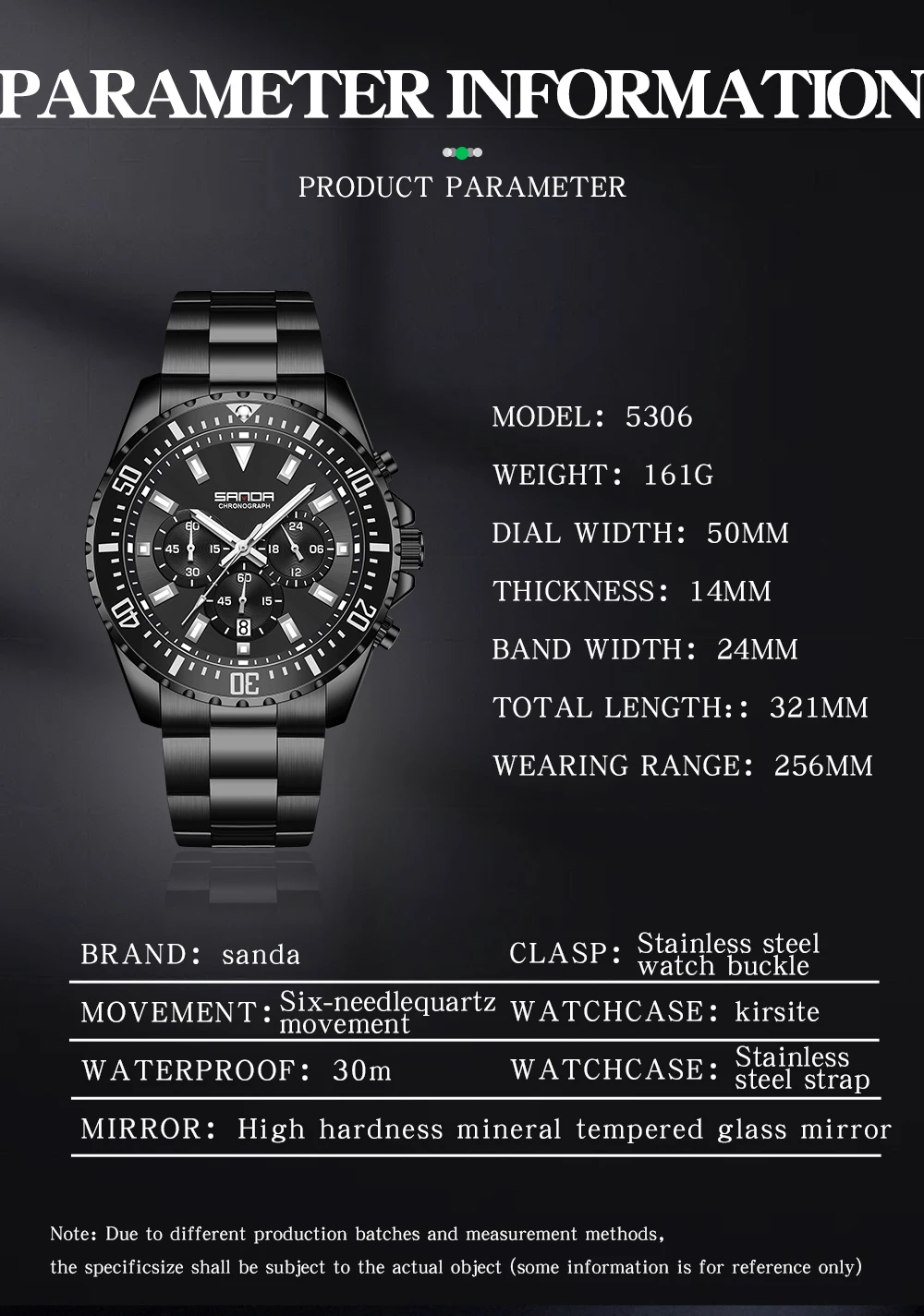 SANDA Luxury Steel Band Calendar Men's Quartz Watch Simple Three Eyes Six Needle Green Water Ghost Fluorescent Men's Watch 5306
