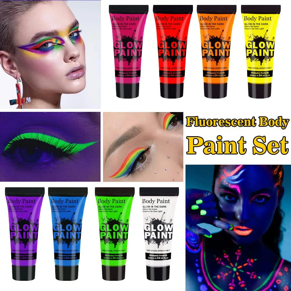 UV Neon Face Body Paint Glow in the Dark Makeup Set Fluorescent Painting for Adults Kids Festivals Party Halloween Christmas 4
