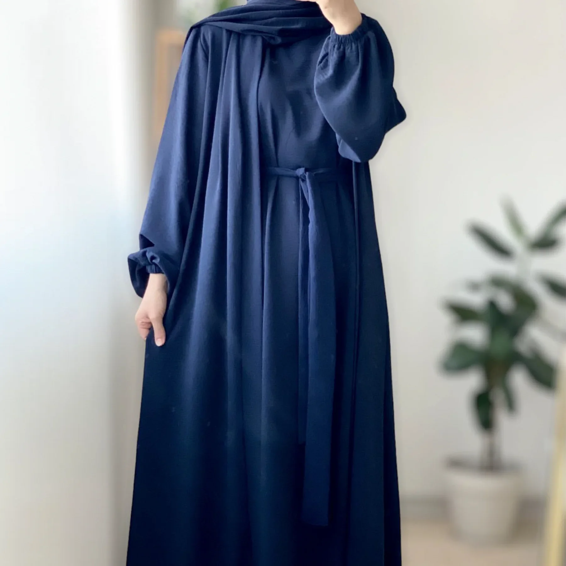 2 Piece Abaya Kimono + Inner Dress Matching Muslim Set Women Dubai Luxury Ramadan Balloon Sleeve Wrinkles Islamic Outfit Kaftan