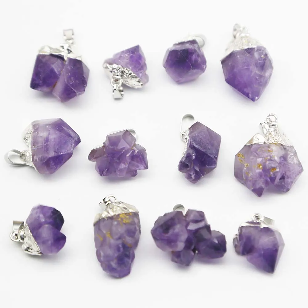 Natural Raw Ore Amethyst Irregular Electroplated Silver Necklace Pendant Charm Earrings Jewelry Gift Accessories Wholesale 12Pcs