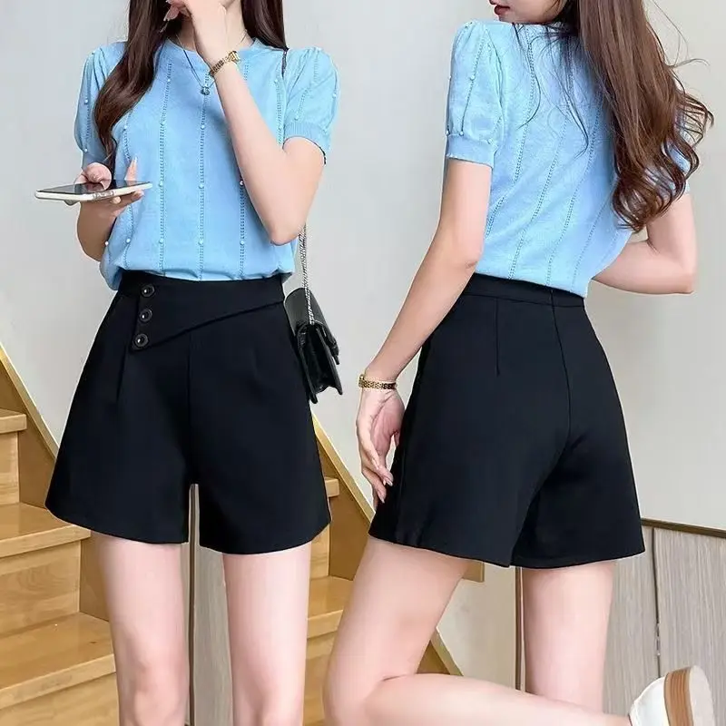 Elegant Office Lady's Black Shorts Matching Women's Wide Leg Shorts Chic Casual Loose Shorts 2025 Summer New Trend Female Pants