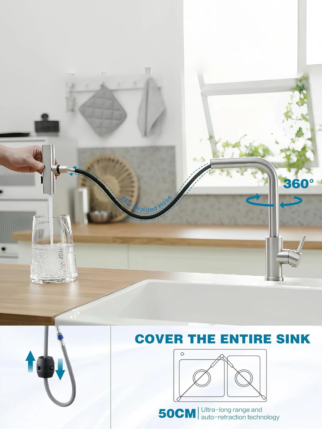 Kitchen Faucets Pull Out Rotation Waterfall Stream Sprayer Head Sink Mixer Brushed Nickle Water Tap Accessorie