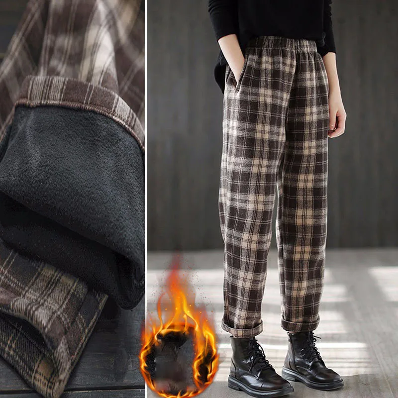 Fleece Thick Casual Loose Plaid Harem Pants New Autumn Winter Women's Clothing Fashion All-match Elastic Waist Pockets Trousers