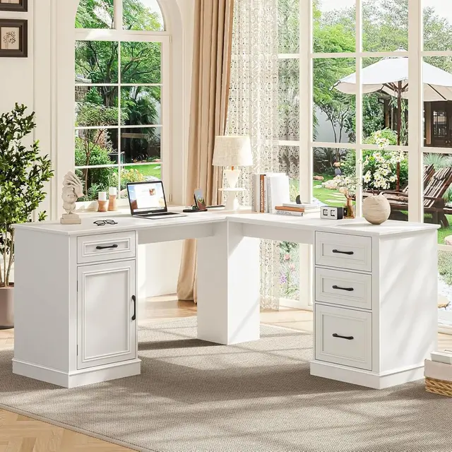 L-Shaped Executive Desk with Drawers, Charging Station, Storage, Rustic Cream White Home Office Desk