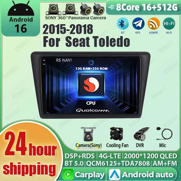 Radio para Auto con Android 16 y Carplay para Seat Toledo 2015 2016 2017 2018, Navegación GPS, Reproductor Multimedia Estéreo, Wifi+4G, Video, Pantalla 2K 1
