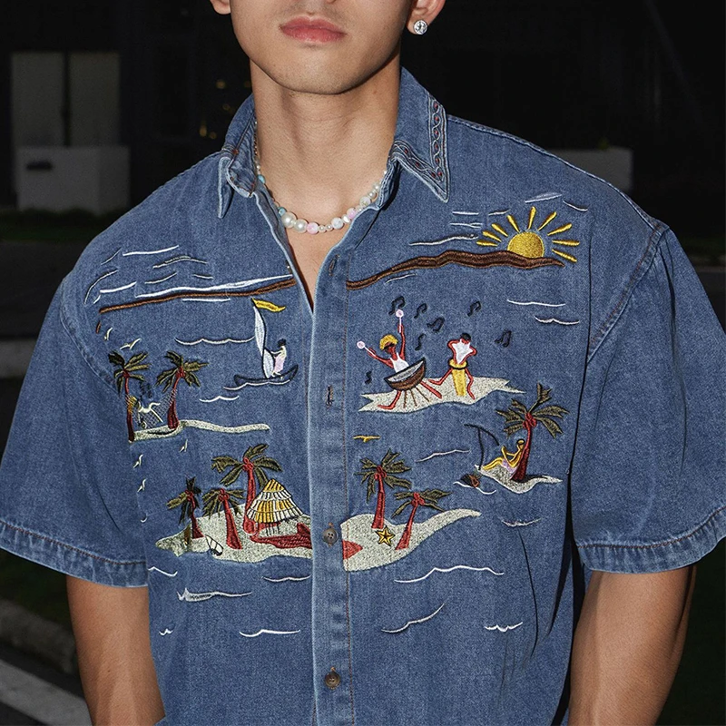 Casual Short Sleeve Denim Shirts for Mens Spring Summer Stylish Embroidery Denim Tops Men Vintage Button Turn-down Collar Shirt denim shirt