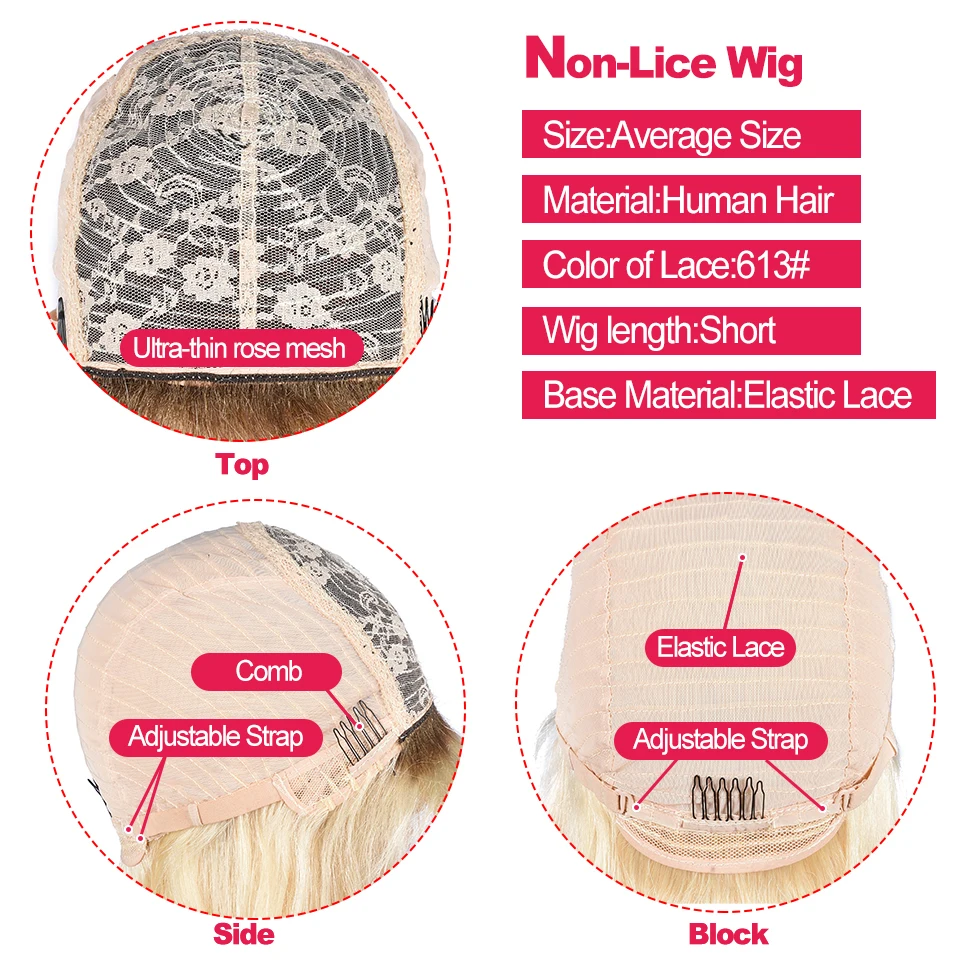 Miss Rola Blonde 613 # Kurze Bob-Echthaar-Perücken, ganz maschinell hergestellt, gerade Bob-Perücke mit Pony, 180 % Dichte, brasilianisches Remy-Ombre – Detail 8