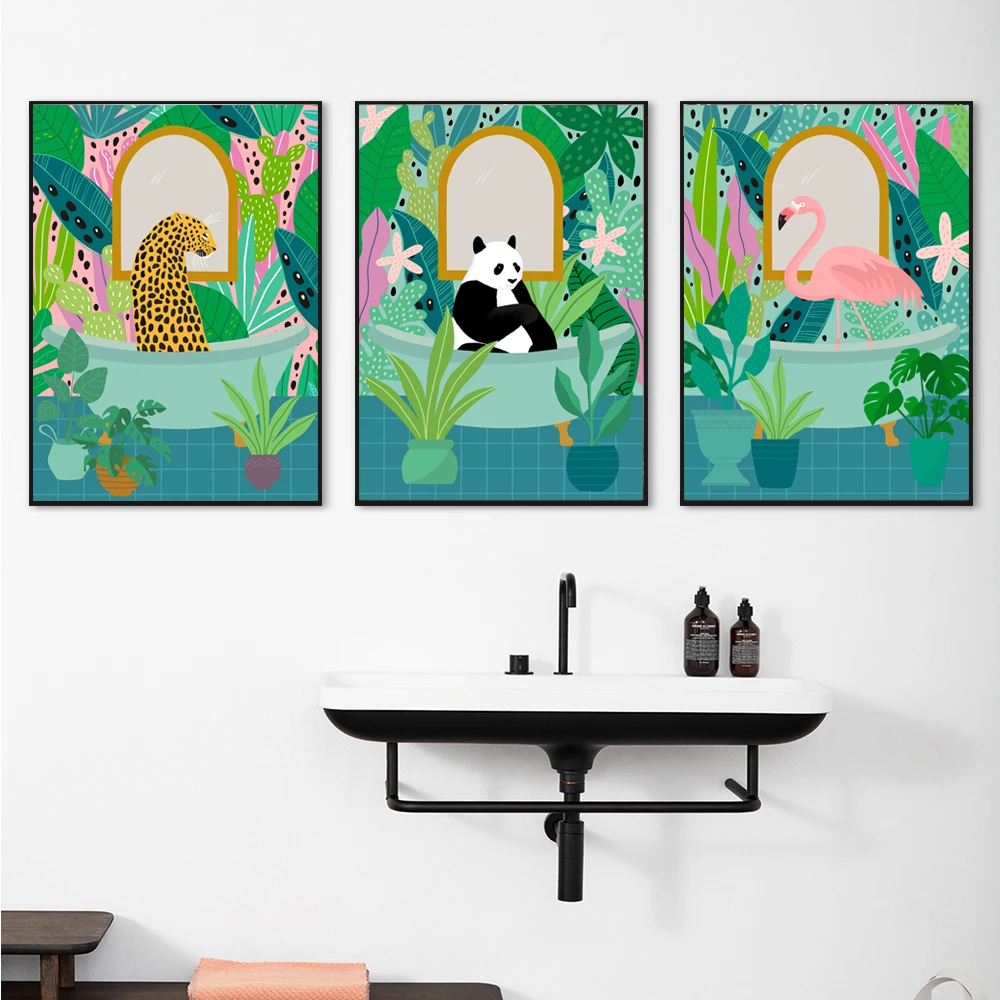 

Animals In Tubs Posters Colourful Canvas Painting Botanical Bathroom Panda Flamingo Leopard Wall Pictures for Living Room Decor