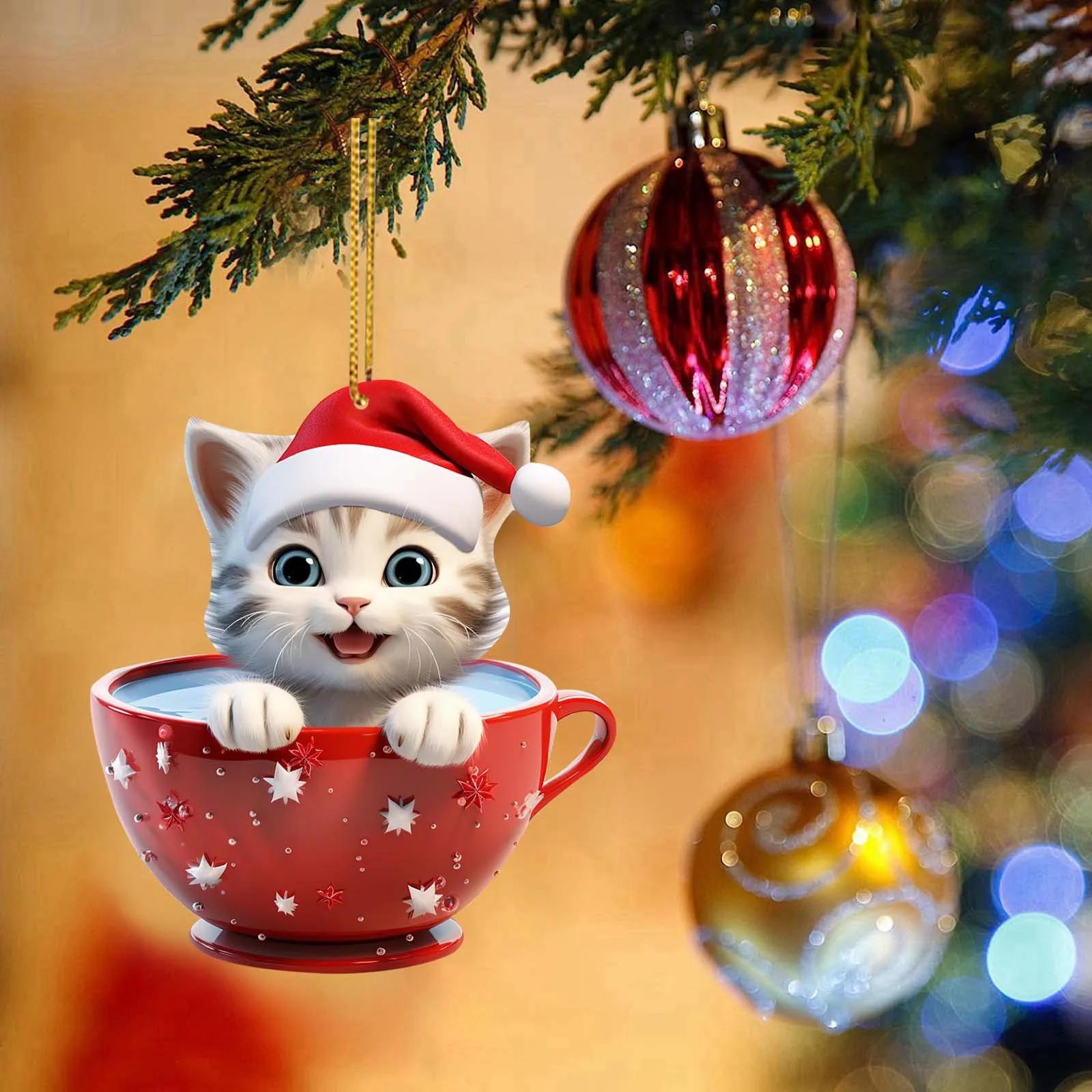 Decoración navideña para el hogar, bonita taza con colgante de gato, colgante para árbol de Navidad, colgante para coche, colgante para bolso, Navidad, Liquidaciones Ofertas