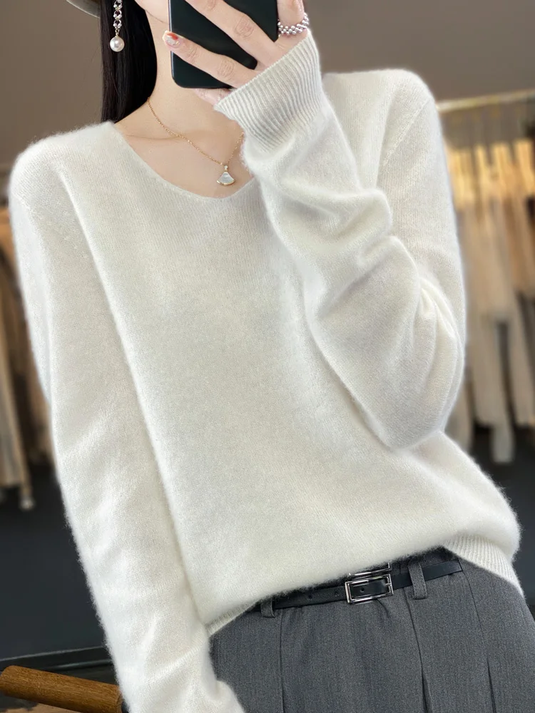 

Women Jersey 2023 Fashion 100% Merino Wool Tops Traf Sweater V-Neck Long Sleeve Spring Autumn Clothing Jumper Knitwear