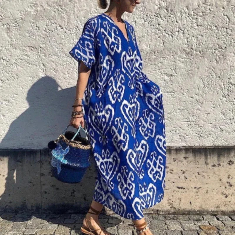 

Vintage Pattern Print Bohemian Long Dress Women Spring V-neck Loose Party Maxi Dress Summer Short Sleeve Female Pullover Dresses