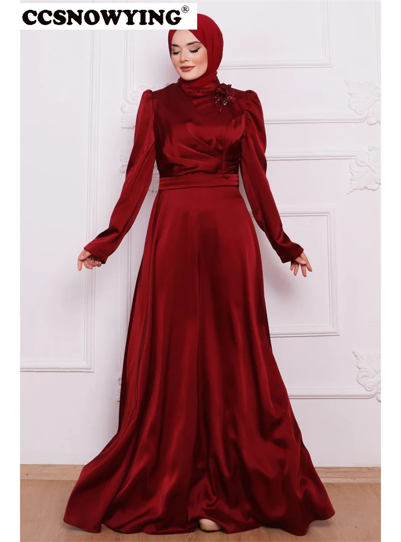 

Satin Appliques Muslim Evening Dress Full Sleeve Hijab Prom Formal Party Gown High Neck Arabic Kaftan Islamic Robes De Soirée