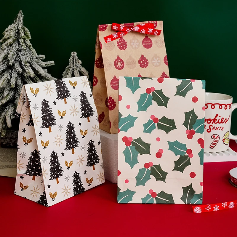 Gift Bags Christmas Gift Bags Christmas Candy Packaging 5pcs Christmas Kraft Paper Bags Snowflake Santa Claus Printing Candy Bag Cookies Packing Bags New Year Navidad Party Supplies