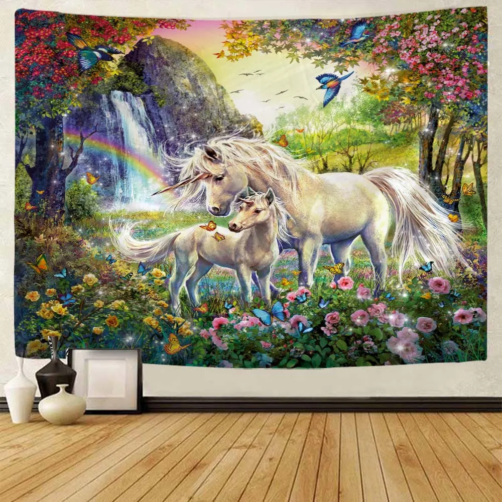 Fantasy scenery printed fabric large tapestry angel unicorn wall hanging bohemian bedroom living room wall art decoration
