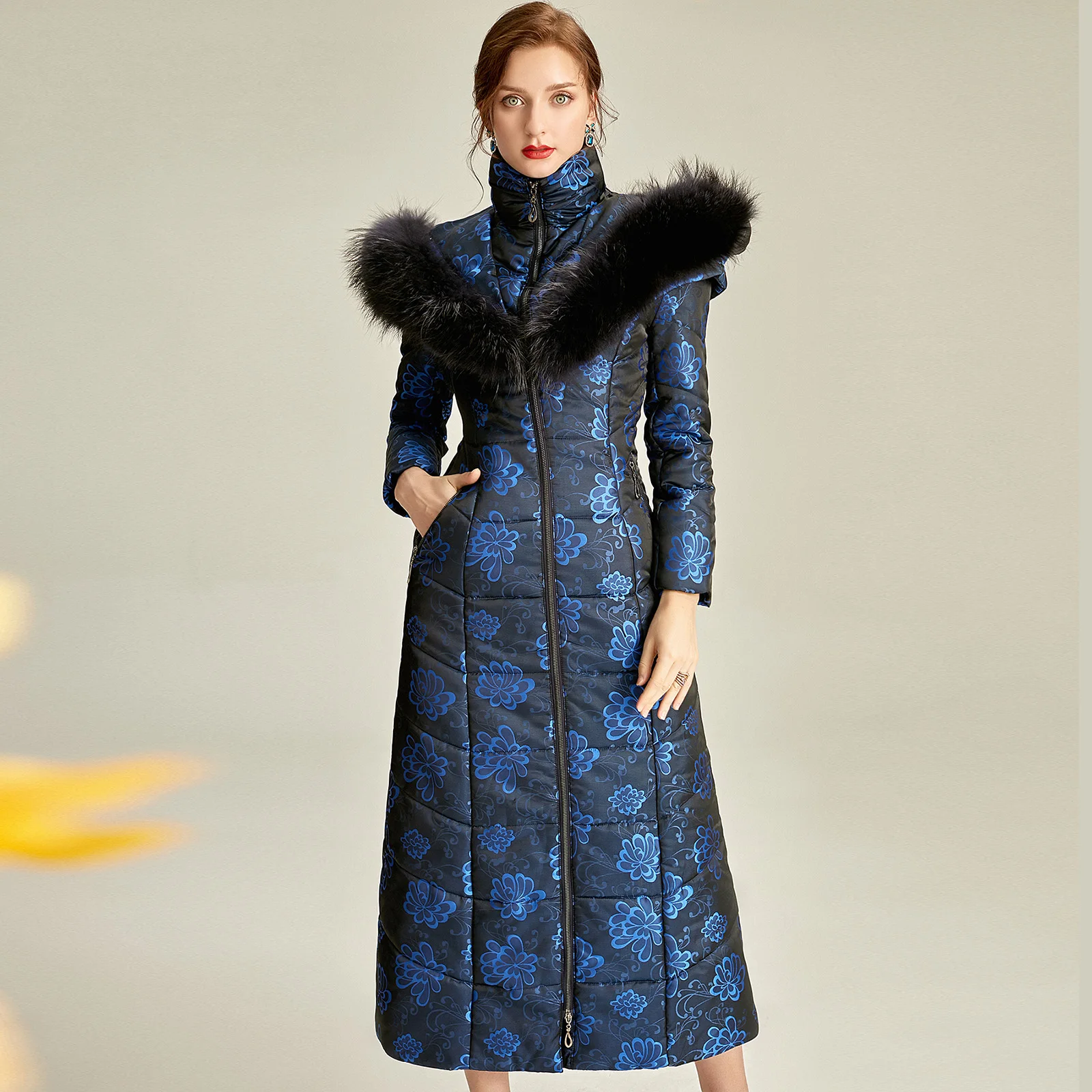 England Style Women Winter Fur Hooded Coat Zipper Long Sleeve