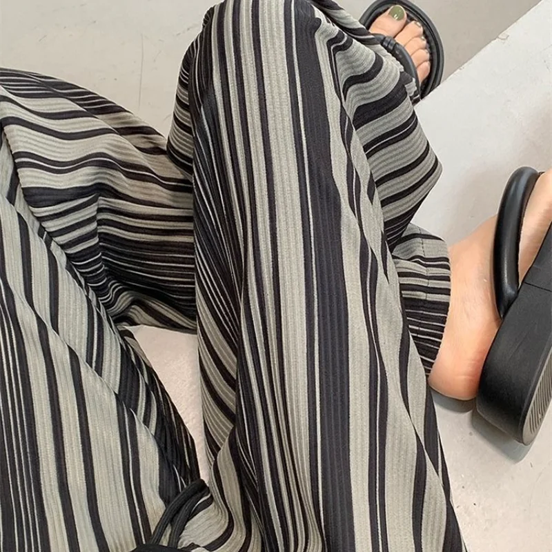 

Summer Women Ice Silk Wide-Leg Pants Fashion Dye Stripe Long Loose Trousers Casual Drawstring Straigh EIastic Waist Pants 4XL
