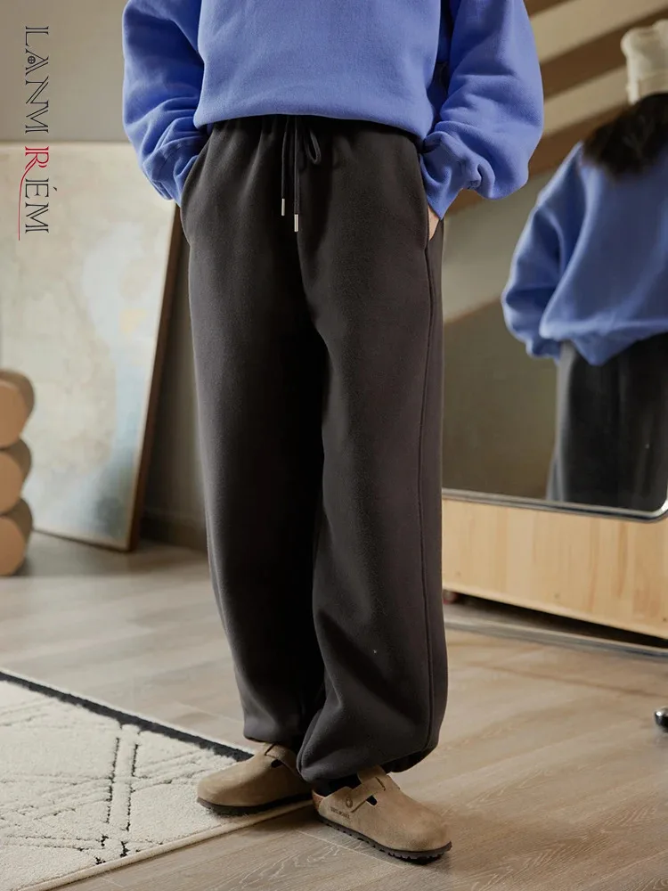 

[LANMREM] Minimalism Drawstring Elastic High Waist Pants For Women Solid Warm Fashion Trousers 2023 Winter New Clothing 26D6510