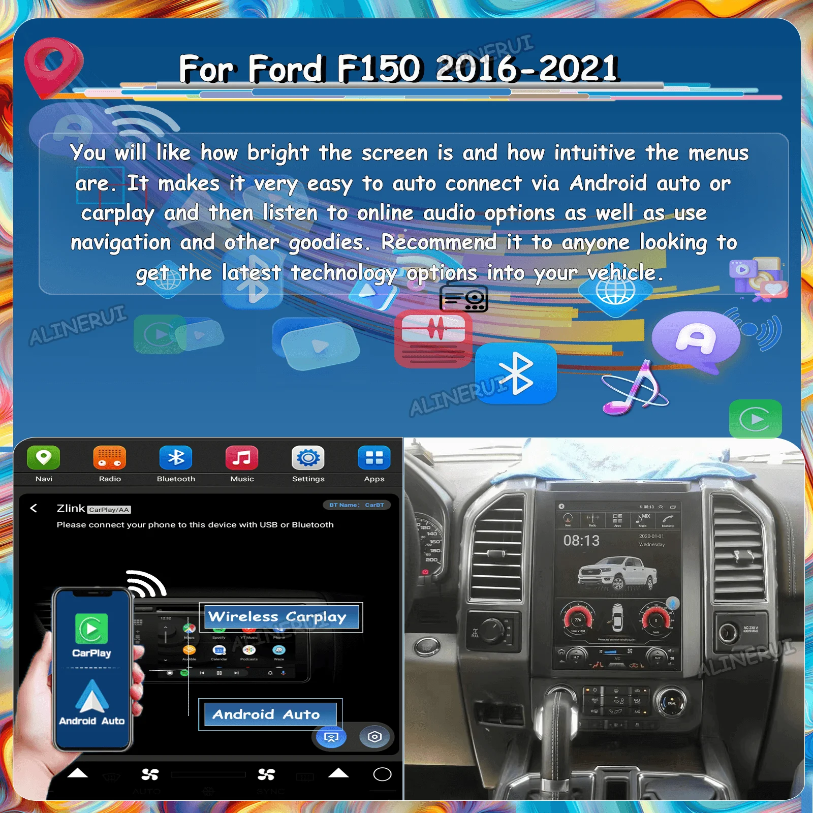 

Автомобильный беспроводной Carplay Android Авто экран для Ford F150 2016-2021 Авторадио Bluetooth Радио Блок Центральный Мультимедиа 1 Din стерео