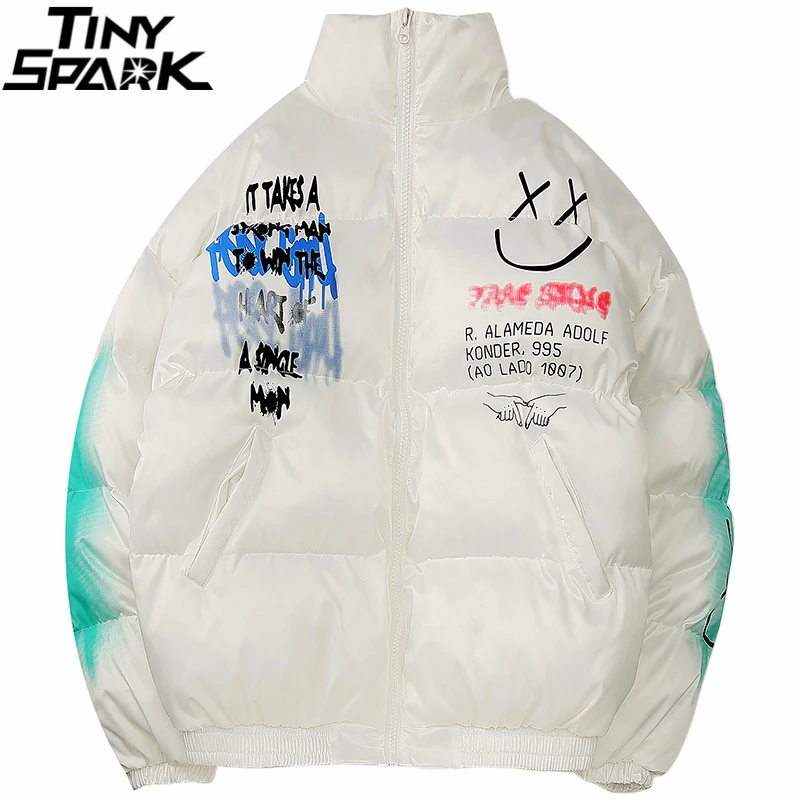 2024 Hip Hop Jacket Parka Happy Graffiti Print Men Windbreaker Streetwear Harajuku Winter Padded Jacket Coat Warm Outwear Thick 4