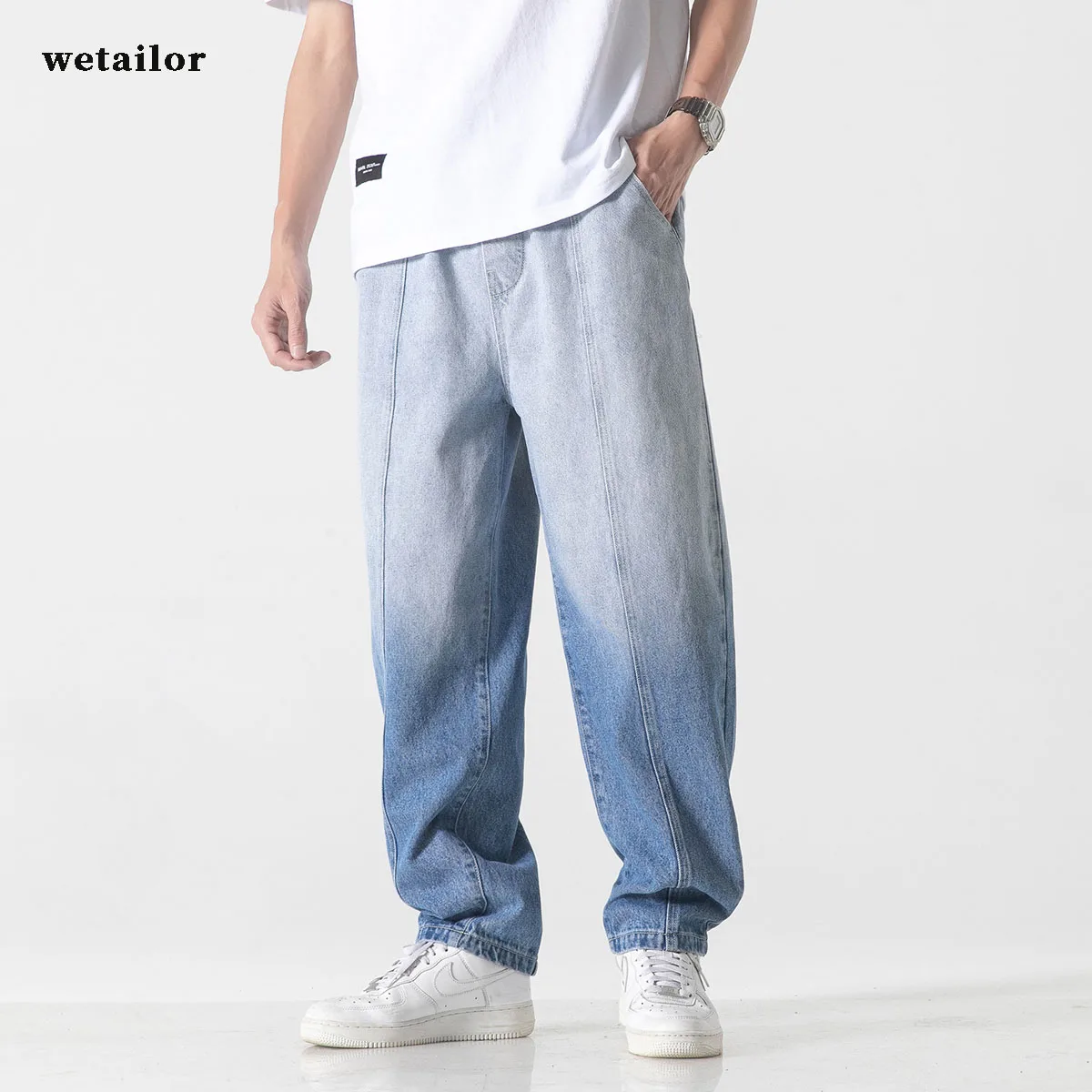 Black Men's And Women Jeans Gradient Wide Leg Jeans For High Waist Pants Blue Straight Loose Distressed Street Jeans Gradient