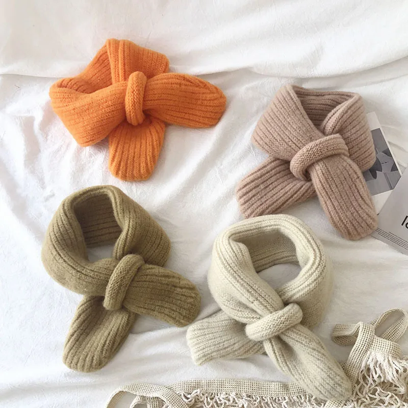 Winter Knit Cross Baby Scarf Solid Color Boy Girl Warm Neck Covers Outdoor Windproof Anti-Cold Kids Neckerchief