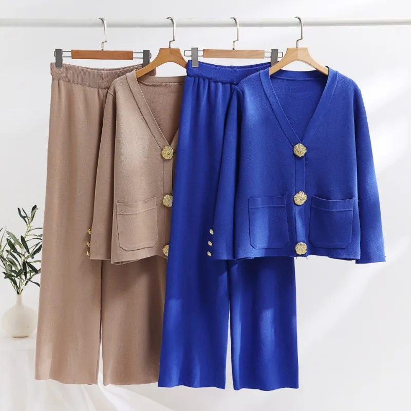 

Fashion Suit Autumn New Contrast Color Gold Button Sweater Cardigan Women Wide Leg Pants Ladies Knitted Two-piece Set Elegant