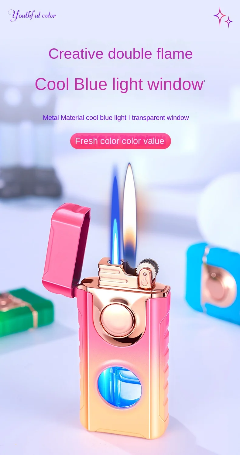 Description Picture 2 of itemDouble Tube Lighters Flash Visible Gas Cigar Lighter Windproof Flint Gas Lighter Jet Gadgets for Men Cigarette Accessories