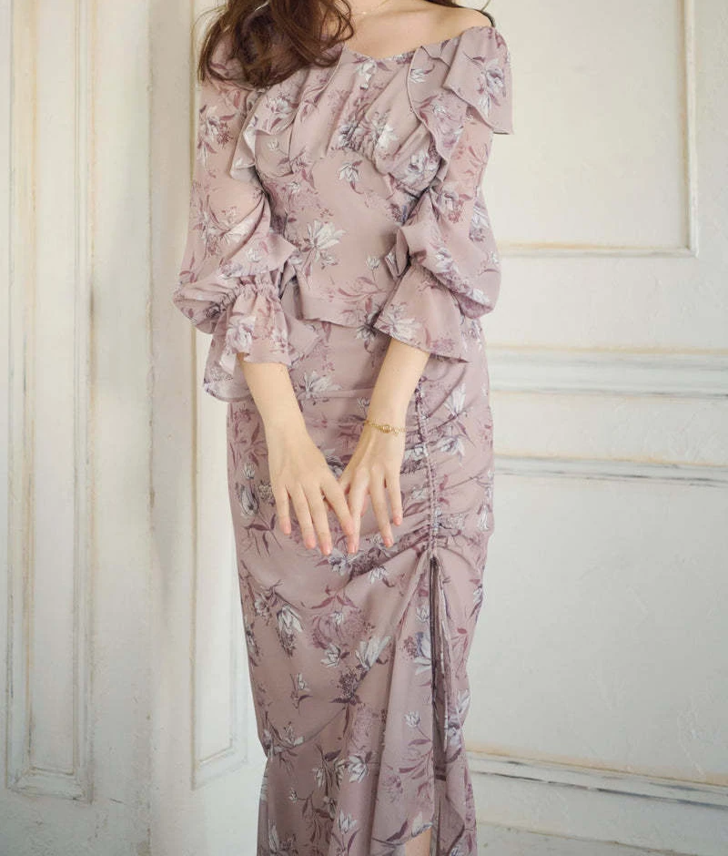 

2023 Japanese New Spring Summer New Women Suits Print Ruffle Top+Slim Straight Skirt Two Piece Sets Womens Outifits