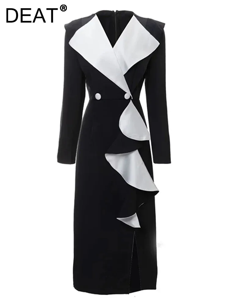 

DEAT Color Block Spliced Ruffles Dress Women Lapel Double Breasted Full Sleeve Zipper New Spring 2024 Medium Long Cloth 15KB5886