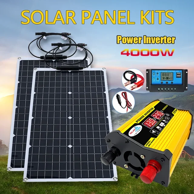 Panneau solaire 4000w avec onduleur 12v-110v/220v, kit d'onduleur de panneau solaire, système solaire de camping domestique et extérieur 1