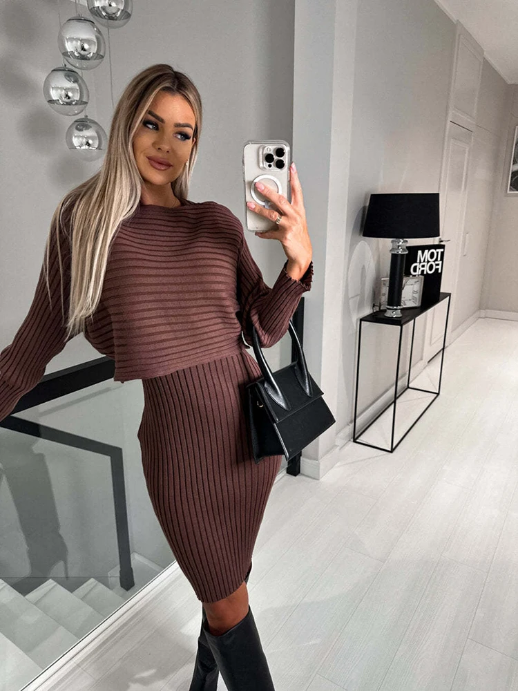Women Two Piece Sets Fashion Long Sleeve Knitted Sweater And Dress Autumn Winter Outfits Warm Sexy Bodycon Dresses Sets