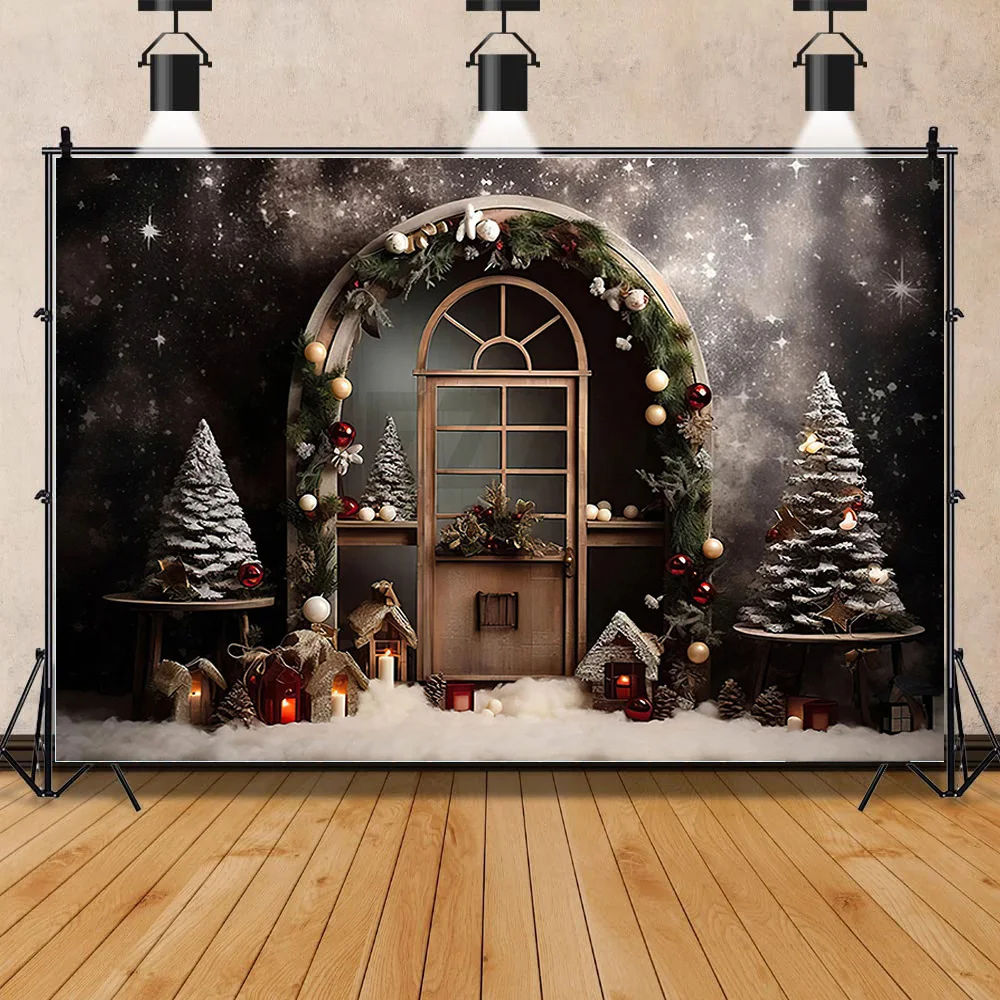 

SHUOZHIKE Christmas Tree Window Wreath Photography Backdrop Wooden Doors Snowman Cinema Pine New Year Background Prop TNB-03