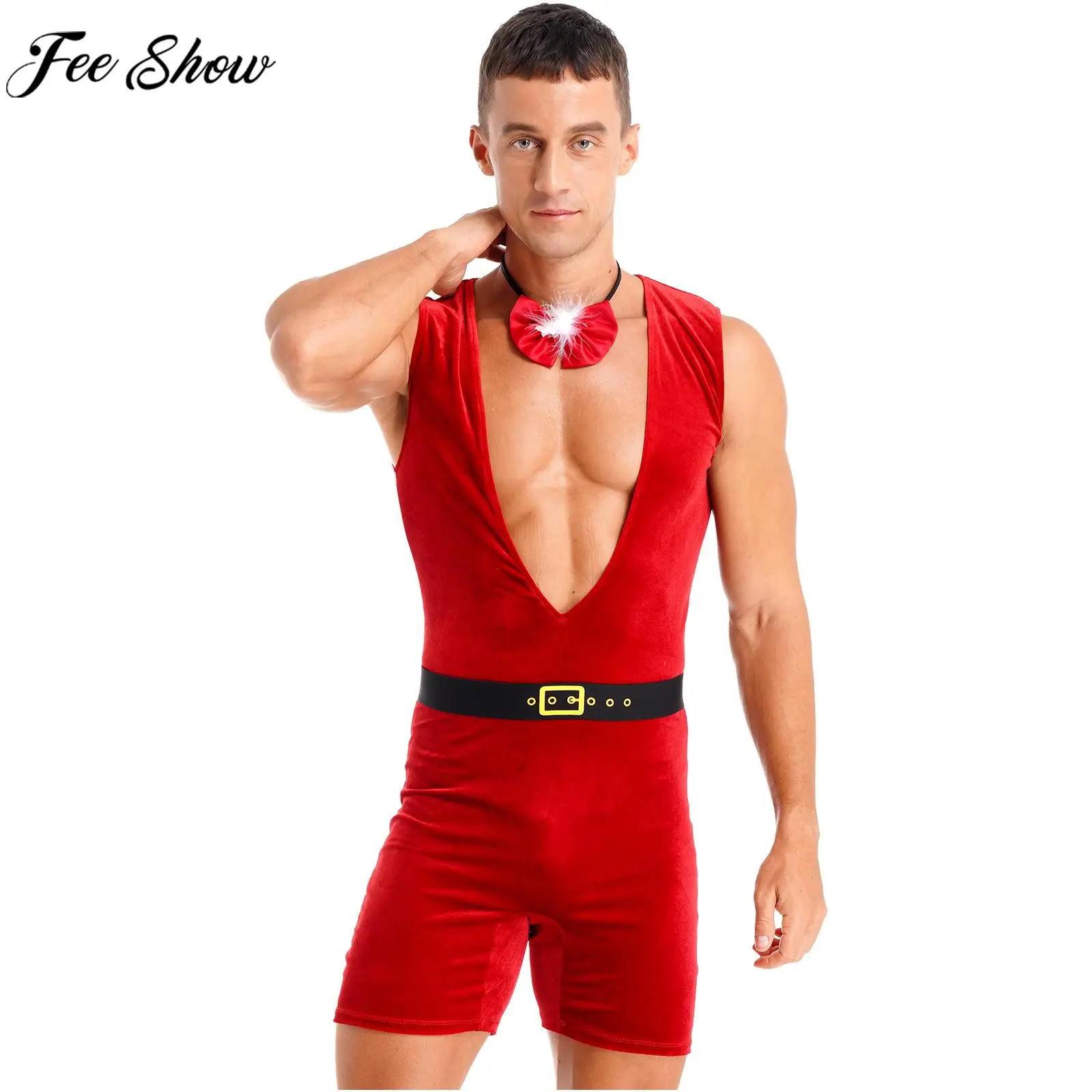 

Мужская Рождественская одежда, бархатный боди с поясом и отделкой из перьев, клубный комбинезон с бантом, Рождественский костюм для косплея