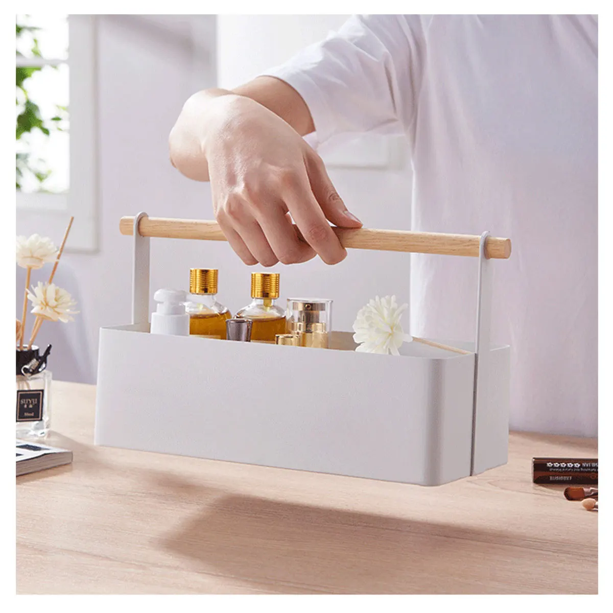 Storage Holder for Makeup Nursery Desk, Home, Bathroom, Kitchen, Caddy, Handle Organizer, Steel and Wood 4