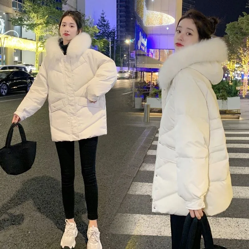 New Women White Duck Down Jacket Winter Coat Female Warm Thick Parkas Short Loose Outwear Artificial Fur Collar Hooded Overcoat