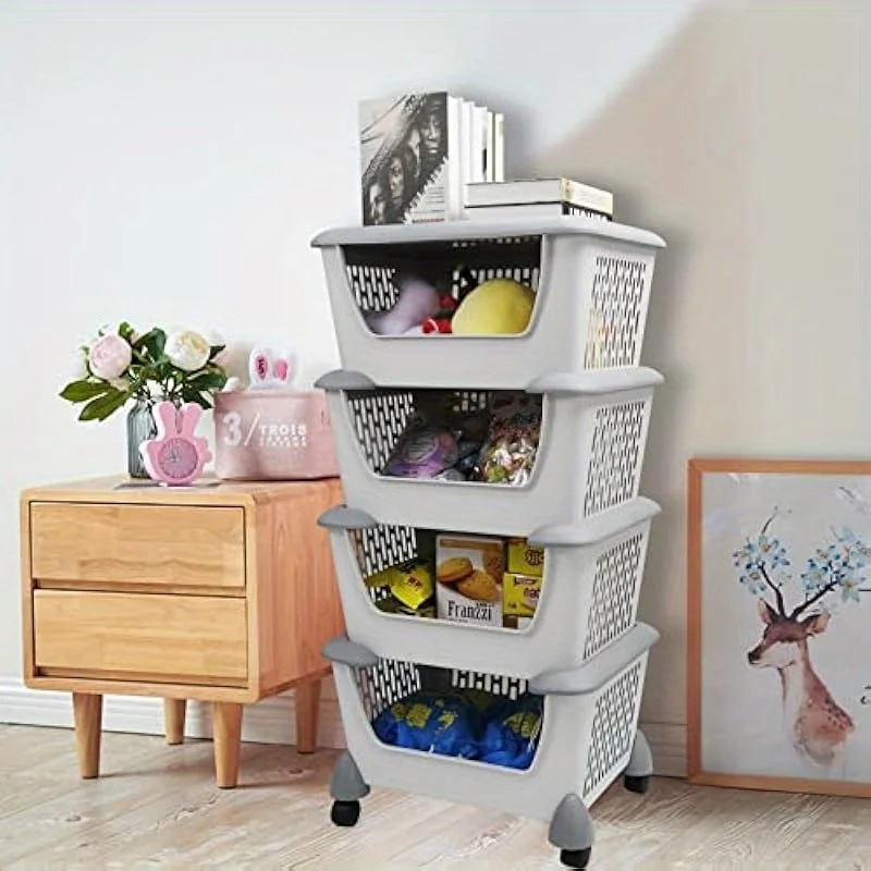 Ggbin 4-Tier Storage Basket Cart with Rolling Wheels Plastic Stacking Basket Bin 6