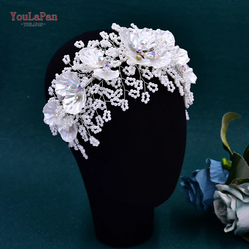 TOPQUEEN Bridal Hair Hoop Wedding Faux Pearl Hair Accessories Colorful Rhinestone Headband Shell Flower Hair Decoration HP675