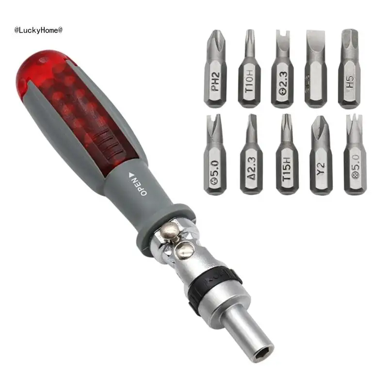 

10 Bits Ratcheting Screwdriver with 180Degree Rotation Folding 11 in 1 Ratchet