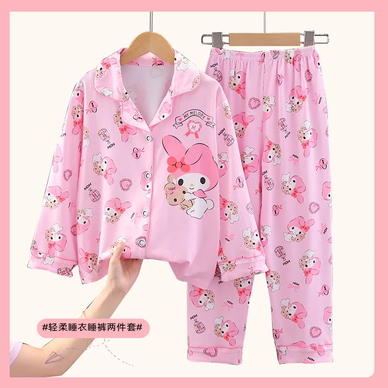 Anime Sanrios Cinnamoroll Kuromi Hello Kitty Cardigan Children Pajamas Fall Winter Long-Sleeved Cartoon Printing Homewear Suit