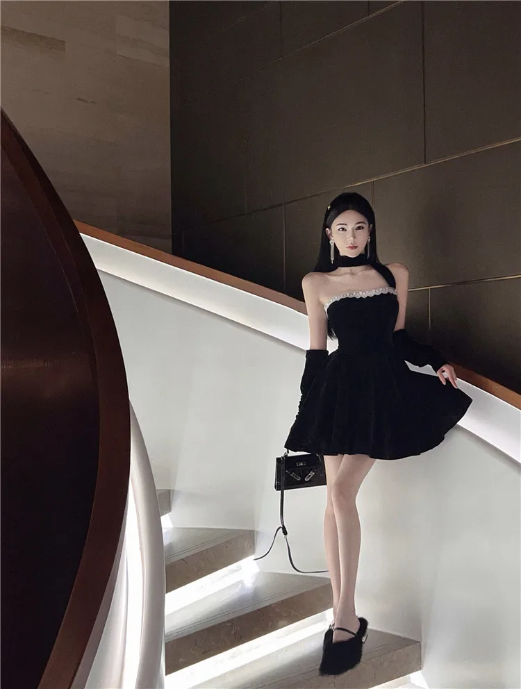 French Vintage Strapless Mini Dresses Women Lace Patchwork A-line Evening Party Dress Korean Fashion Y2K Mini Vestidos Mujer